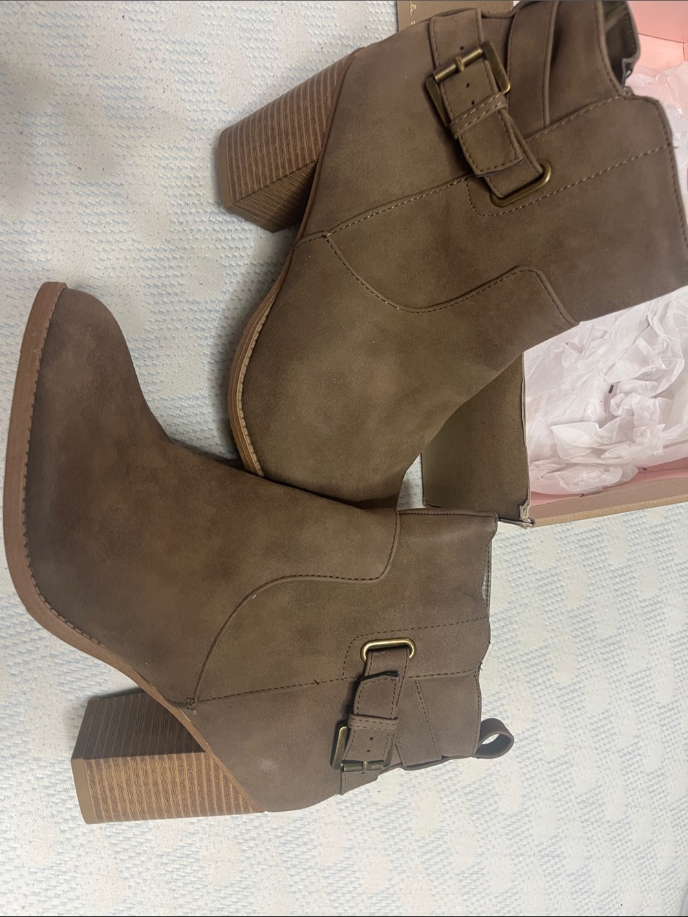 Women's Taupe Buckle Block Heel Ankle Booties